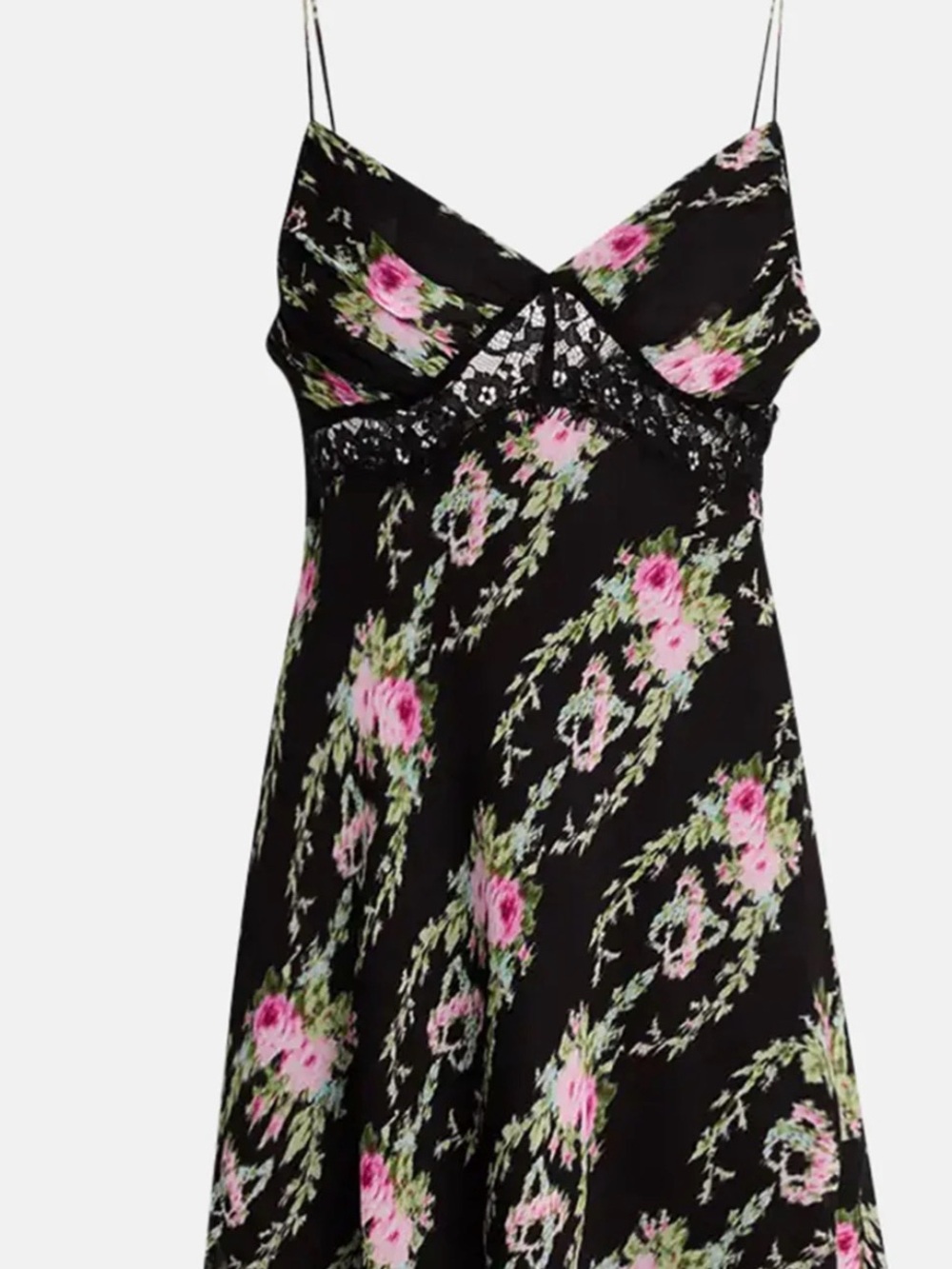 LoveShackFancy Black Slip Dress with Pink Floral Print